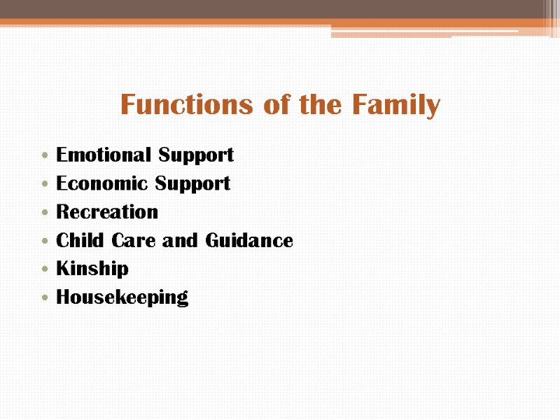 Functions of the Family Emotional Support Economic Support Recreation Child Care and Guidance Kinship